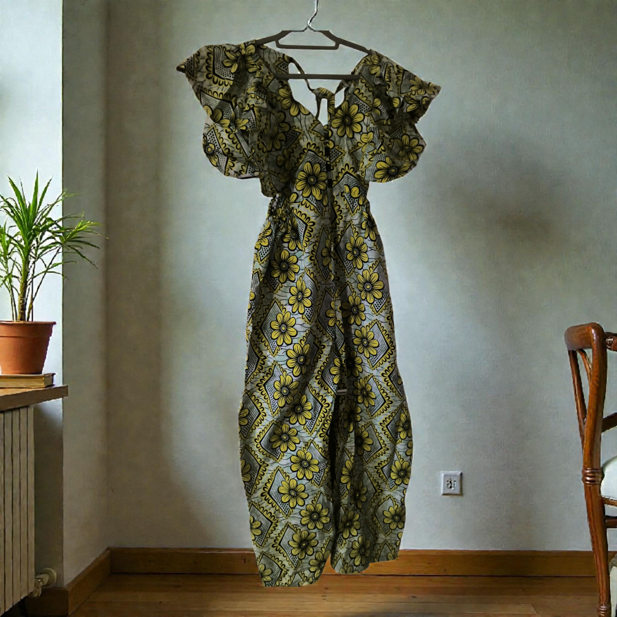 Combinaison Africaine Motifs Floraux Jaune et Kaki - Confort au Quotidien (XL)